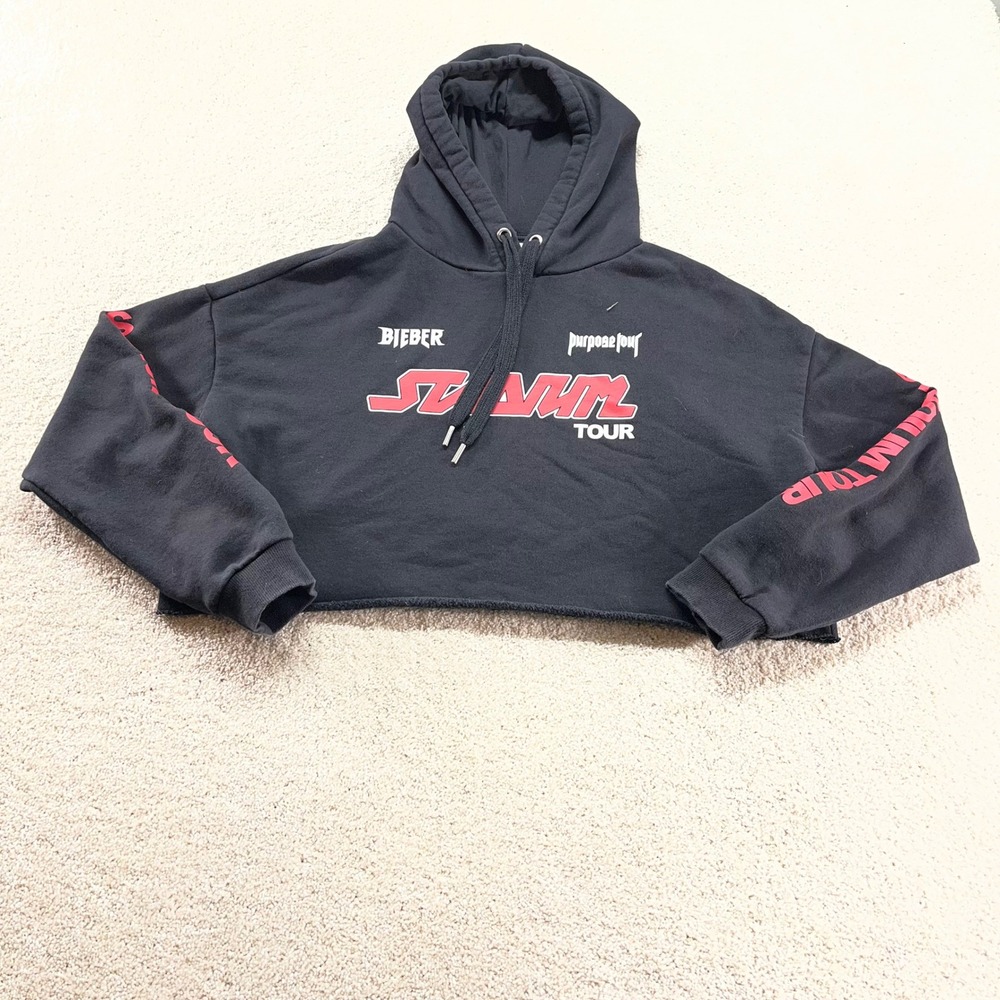 H&M Justin Bieber Hoodie Womens Medium Black Purpose Tour Stadium Cropped